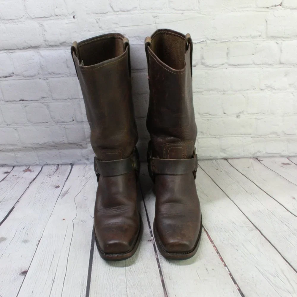 FRYE 77300 Leather Pull On Mid Calf Harness Square Toe Riding Boots Size 8.5 M - Picture 5 of 9